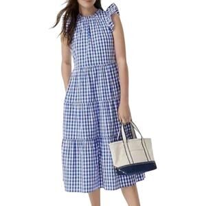 J.Crew Tiered Ruffle Cap Sleeve White Blue Gingham Dress Size Medium
